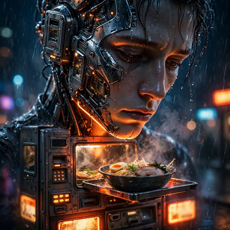 moody dystopian concept art portrait of a vending-machine android serving midnight ramen, half-lit by the city's glow. Dramatic underlighting from