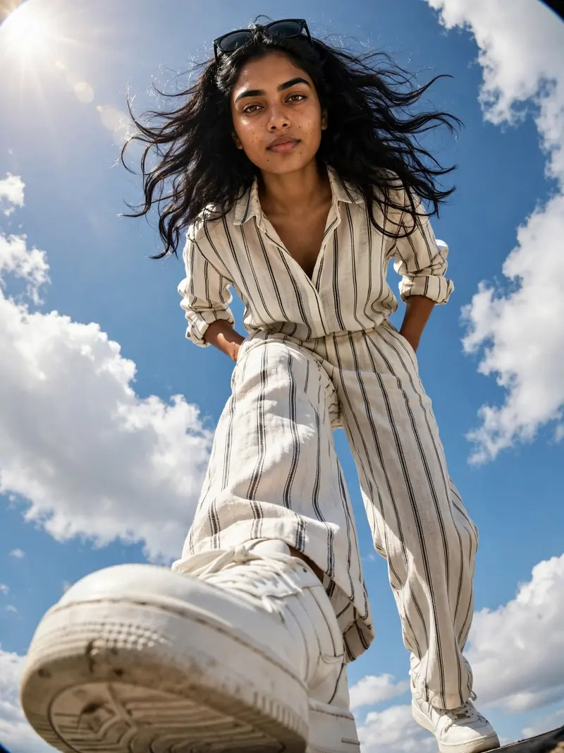 Ultra-realistic full-body portrait of the SAME young South Asian woman captured from an extreme low-angle, ultra-wide () perspective, as if the