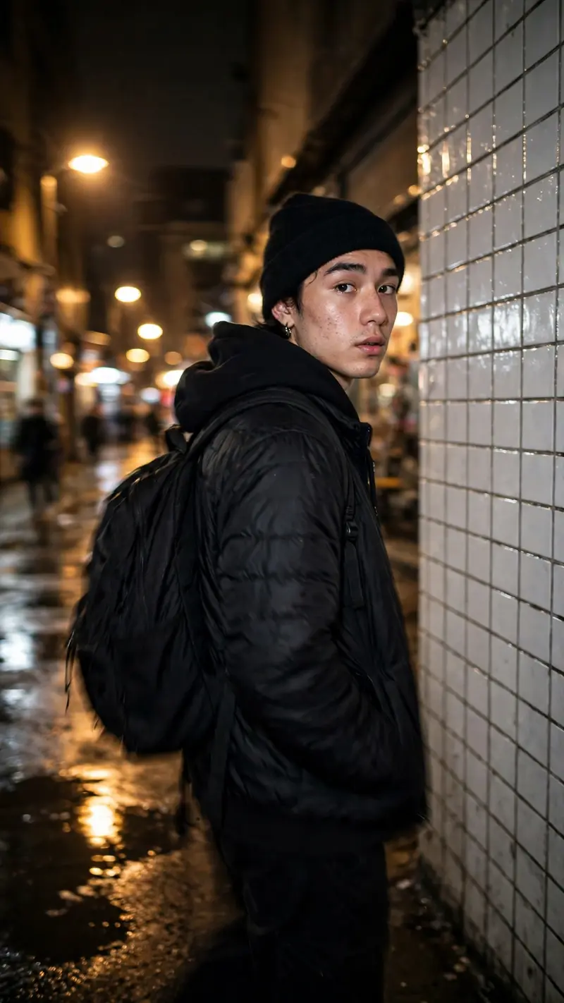 Short Prompt: > Ultra-realistic candid iPhone night photo, 9:16. Use the reference image only as inspiration for the subject's overall appearance