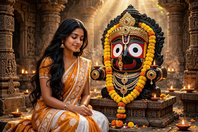 Create a cinematic portrait of a beautiful Indian woman with long, flowing dark hair, dressed in an elegant saffron-and-white traditional saree. She