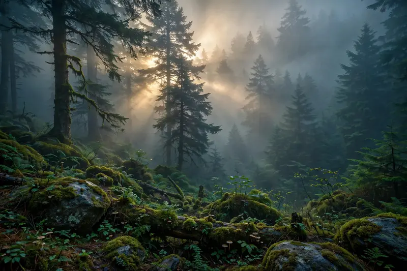 Moody Nature, Dense Fog Weather, Volumetric Lighting, HDR, Ultra Realistic, Professional Color Grad, Quality, DSLR Shot, Atmospheric Depth, !