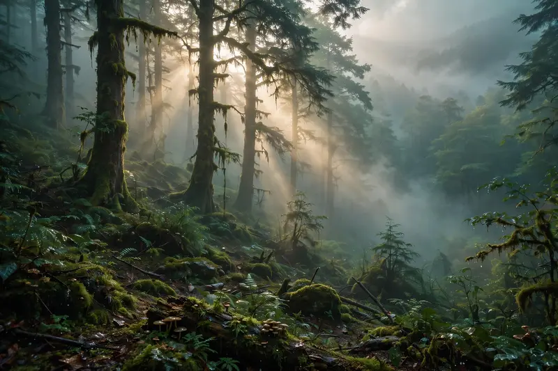 Ultra-realistic moody nature landscape, dense fog and mist, volumetric god rays, realistic weather, soft diffused natural light, HDR, atmospheric