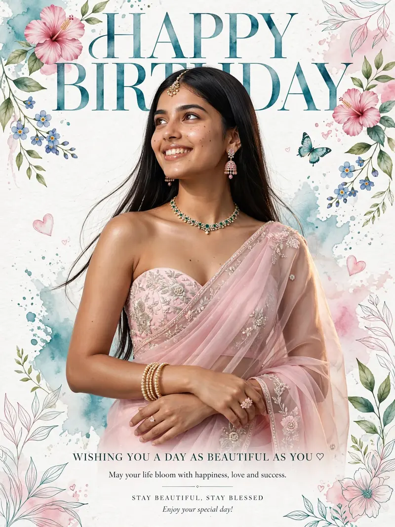 { "style":"Hyper-realistic luxury birthday editorial magazine cover, elegant floral theme, 3:4", "reference_face":"Replace ONLY the woman's face with
