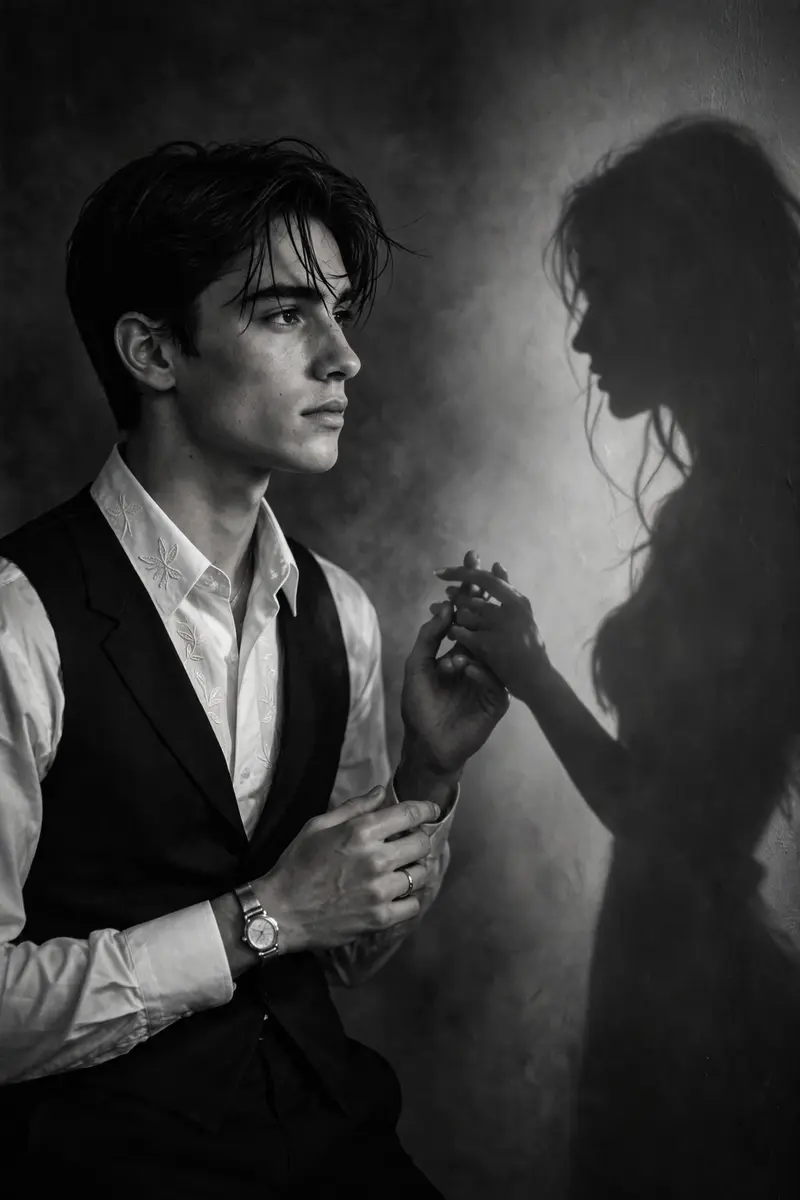 A cinematic, moody black-and-white editorial photograph of the SAME boy from the uploaded reference image. Preserve the face with 100% identity