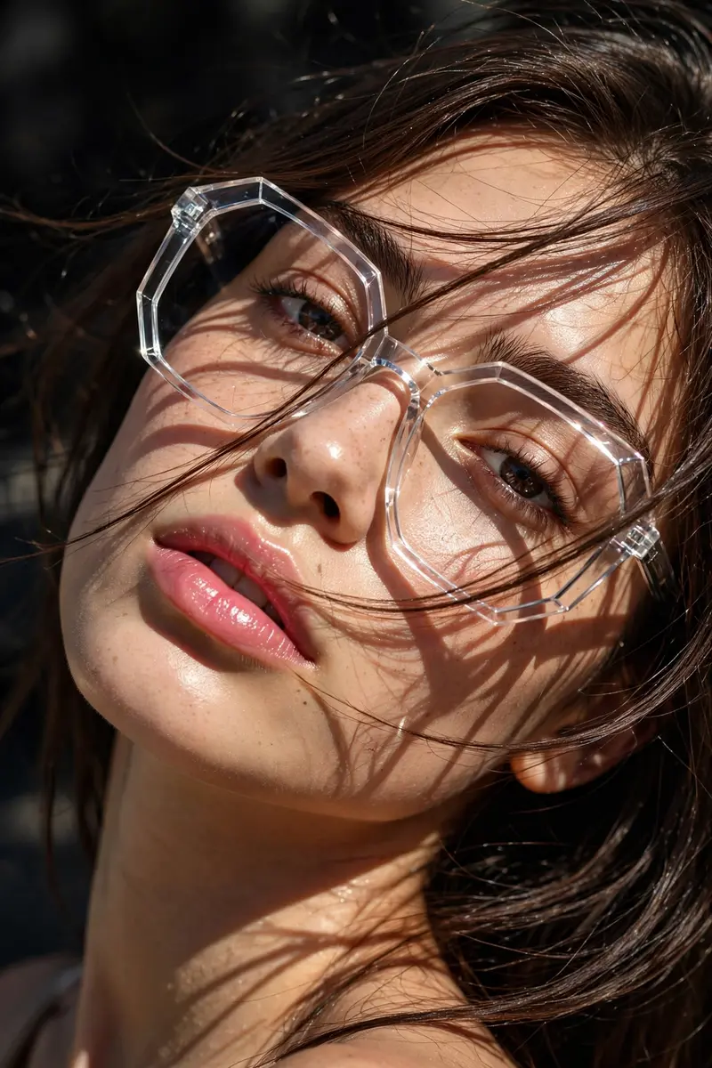 Ultra-realistic extreme close-up beauty portrait of a youngwoman in harsh midday sunlight,head tilted sideways and slightly back, direct gaze at