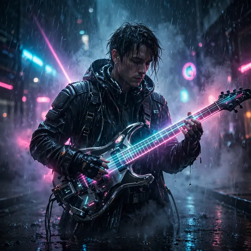 a synth musician playing a laser guitar in blade-runner-inspired cinematic style, rain hammering the neon-drenched streets. Volumetric neon haze