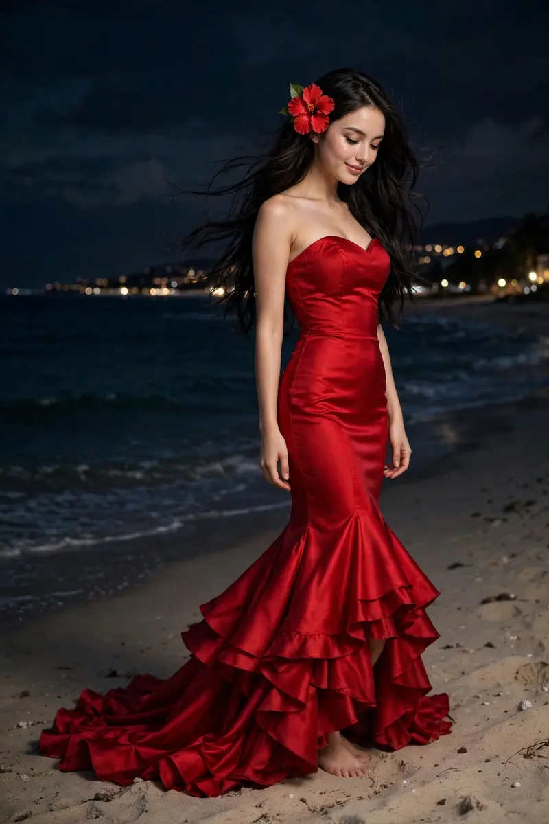Ultra-realistic nighttime beach portrait of a beautiful young woman wearing an elegant fitted red mermaid gown with layered ruffle hem, standing