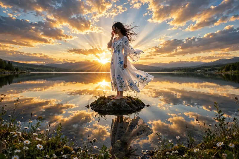 A breathtaking ultra-realistic sunset lakeside photography scene featuring a young woman standing barefoot on a small dark rock emerging from calm
