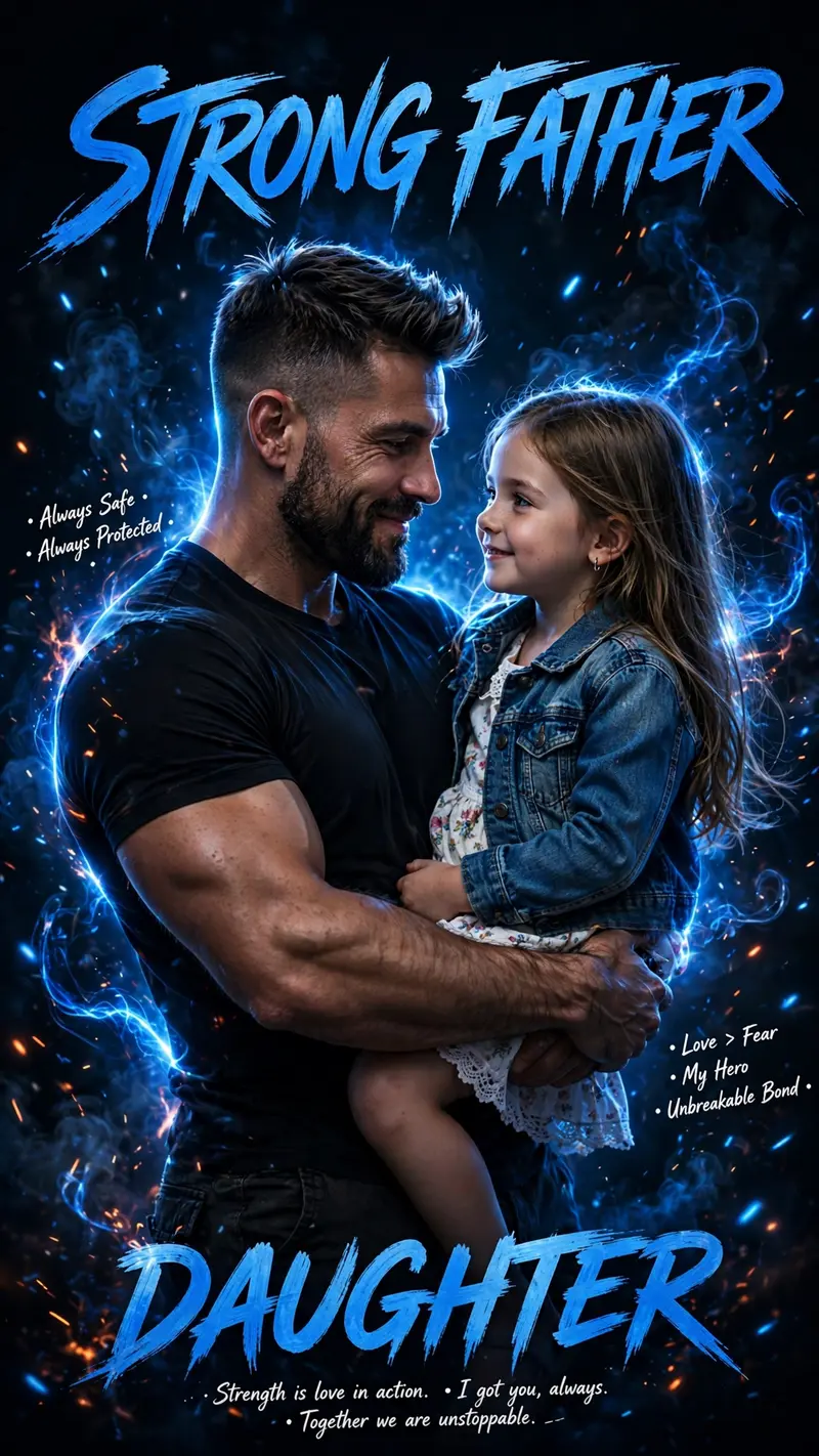 Ultra-realistic cinematic poster design featuring a strong father holding his young daughter lovingly in his arms, emotional bonding moment, both