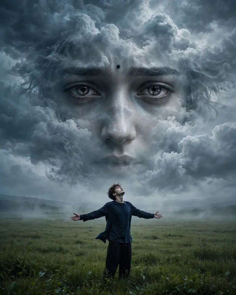 A surreal cinematic digital artwork featuring a lone young man standing in the middle of a vast green grass field under a dramatic overcast sky. He