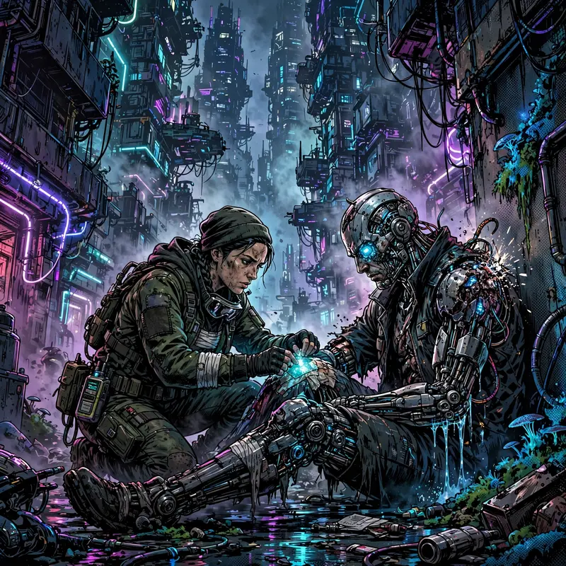 Cinematic frame of a street medic patching a wounded cyborg, rendered in neon-drenched comic art style amid towering megacity blocks. Bioluminescent