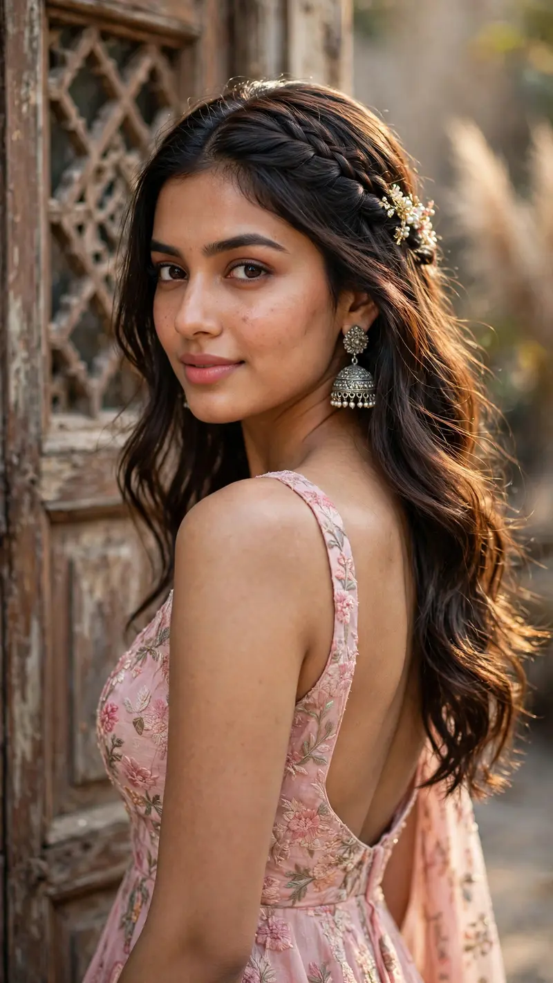 Ultra-realistic cinematic portrait of a beautiful young Indian woman wearing a soft pink floral ethnic outfit with a deep backless design, standing