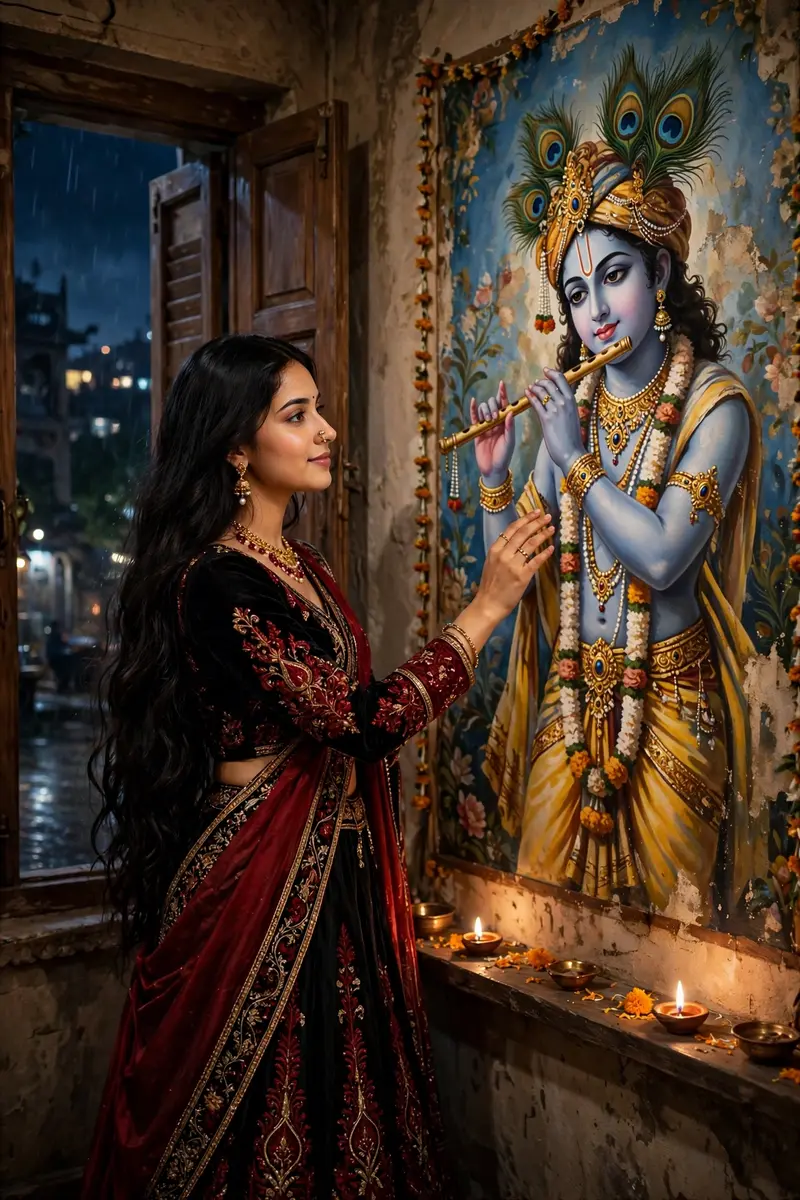 A beautiful young Indian woman with long flowing black hair, wearing an elegant black and deep red traditional outfit, standing beside a window at