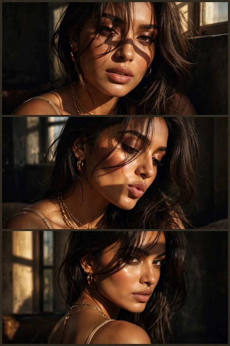 South Asian woman, warm golden sunlight streaming through a window. dramatic shadows on face and background, indoor dark moody room, cinematic