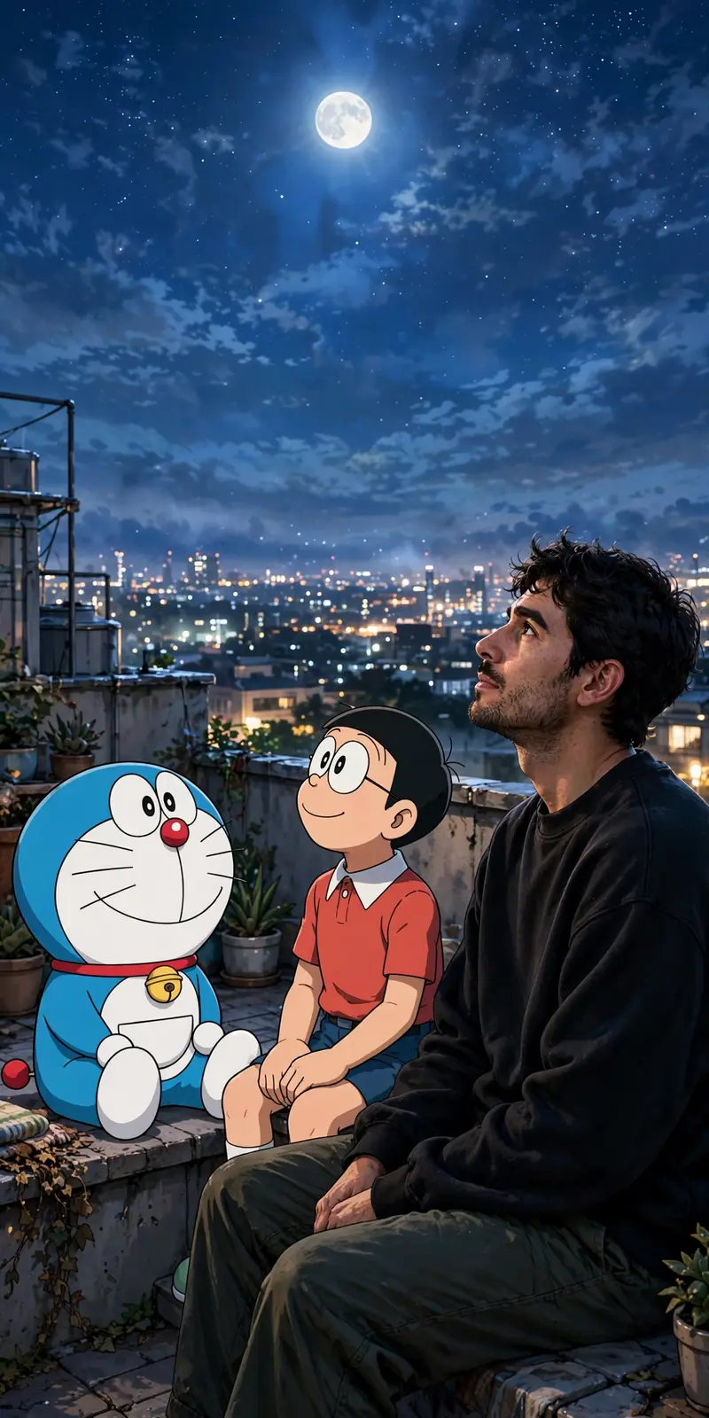 Use Image (my uploaded photo) as the exact identity reference, Create an cinematic anime-realism scene inspired by the uploaded terrace
