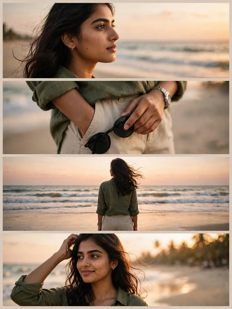 Ultra-realistic DSLR cinematic beach photoshoot collage featuring the SAME girl from the uploaded reference image. Preserve face identity 100%
