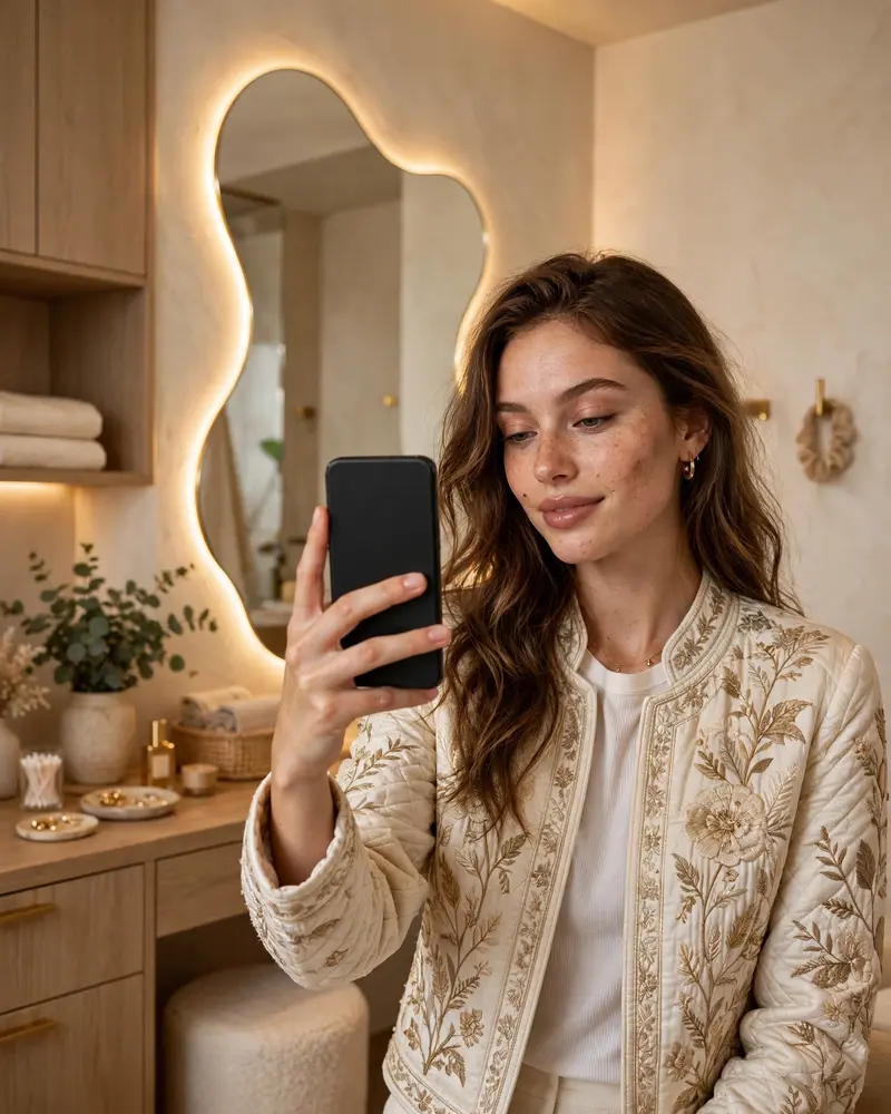 GIRL PROMPT↓ Beautiful young woman taking a mirror selfie in a modern minimalist dressing room. Standing in front of an artistic asymmetrical wavy