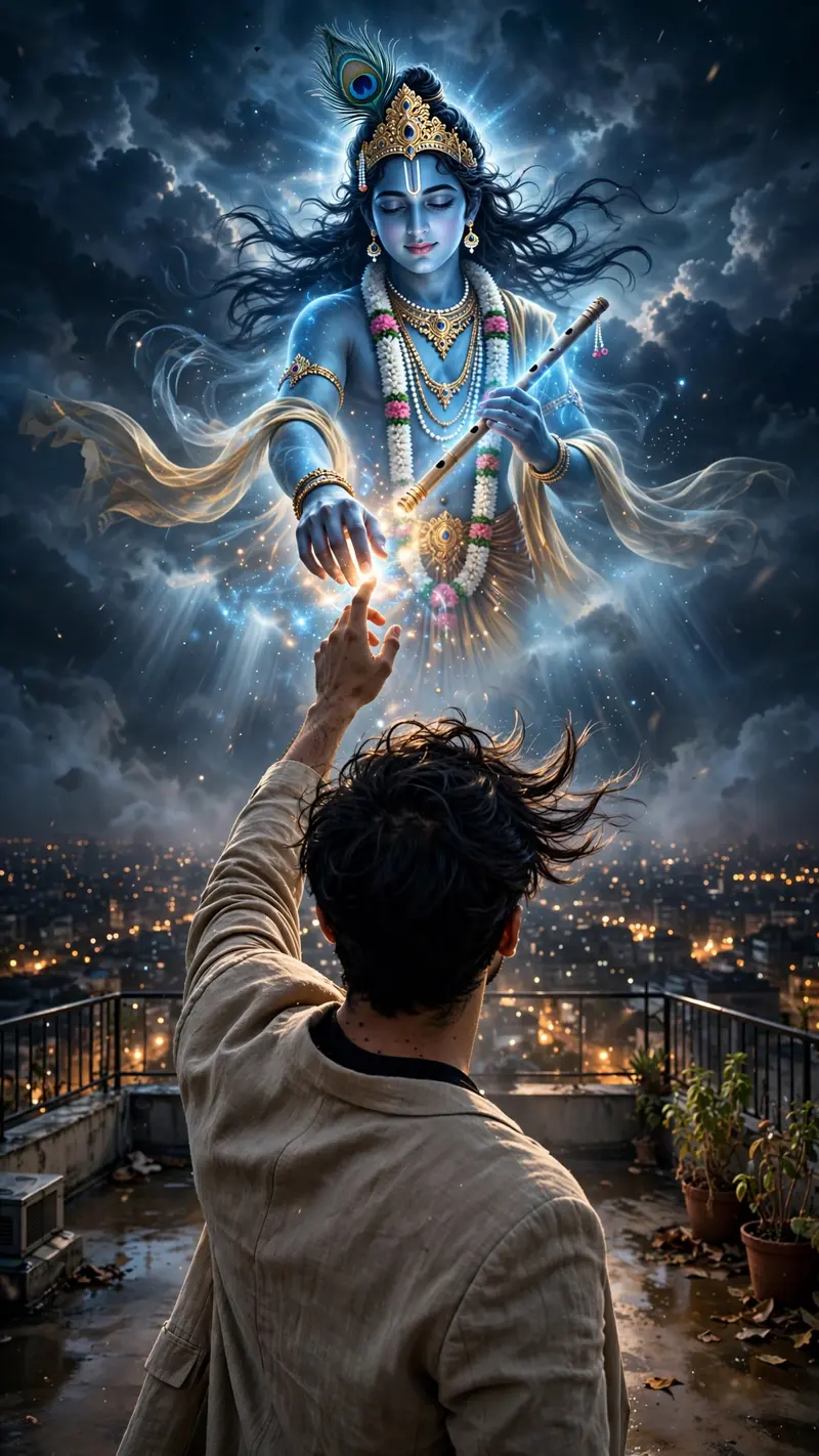 Ultra-realistic cinematic spiritual night photography of a young Indian man standing alone on a rooftop terrace under a dark mystical sky, captured