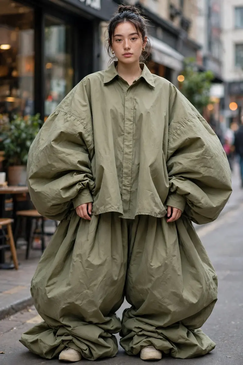 "Automatically transform the clothes on the person in the uploaded photo into an EXTREME oversized, massive, and baggy 'jhula dhala' fashion outfit