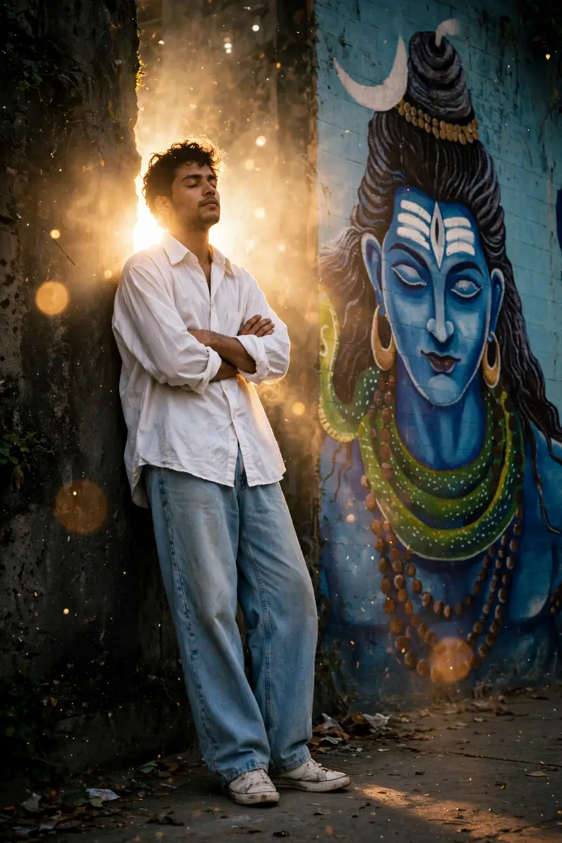 A cinematic, full-length portrait of a young South Asian man with closed eyes and arms crossed, wearing an oversized white button-down shirt and