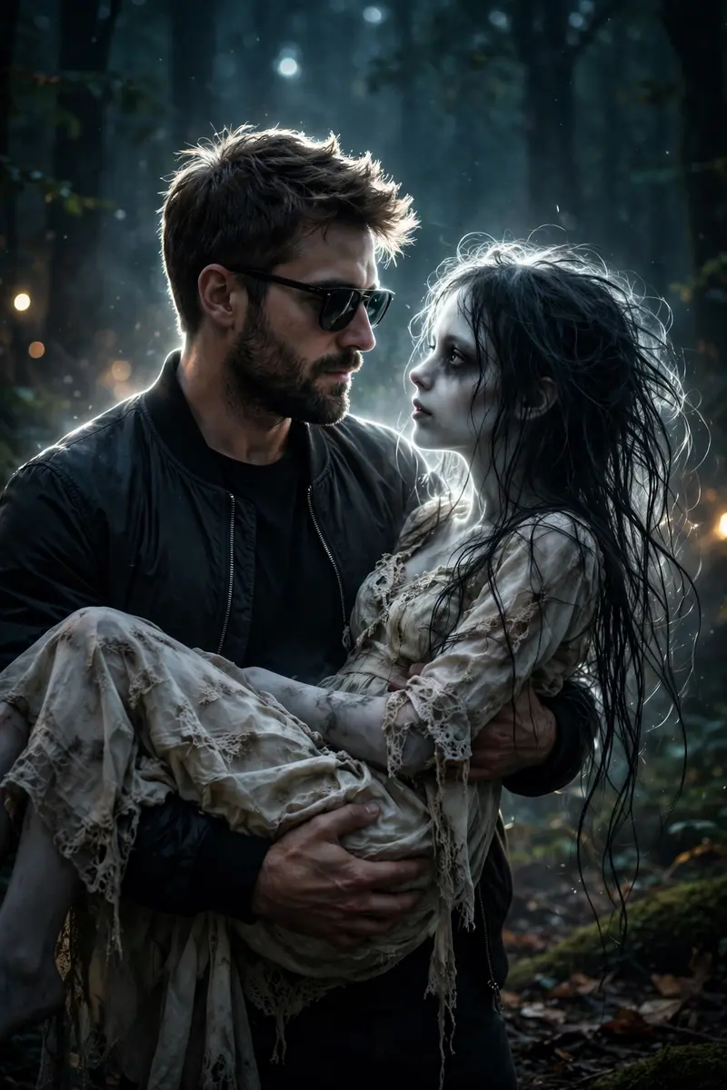 Ultra realistic cinematic night portrait of a person holding a horror girl ghost in arms romantically, 100% face match, keep the exact same male
