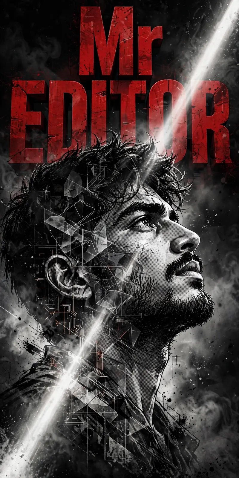 cinematic double exposure portrait poster of a rugged young South Asian man with the exact same facial structure, beard, hairstyle, skin tone, and
