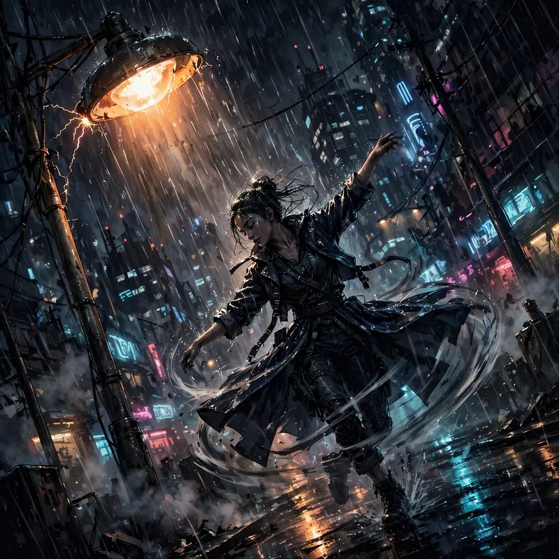 Moody dark tech-noir illustration scene: a rain dancer twirling under streetlights, the city humming behind them. Cold sodium-vapor streetlight cut