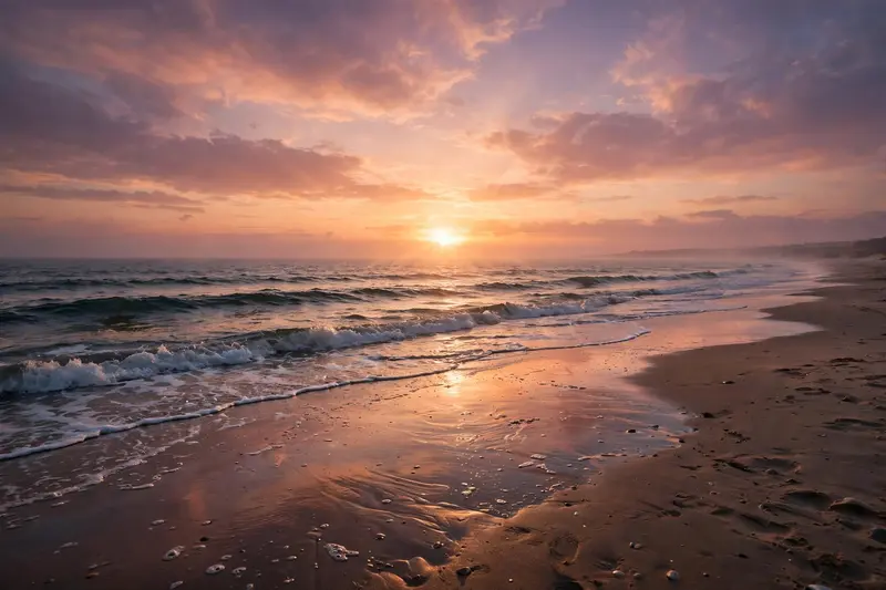 Create a cinematic aesthetic beach sunset photo with a soft orange-pink-purple gradient sky, glowing sunset near the horizon, realistic ocean waves