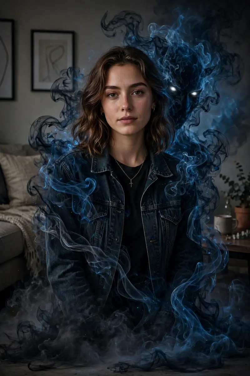 Keep the person exactly the same same face, pose, outfit, lighting. and I, background. Add a shadowy, smoke-like demonic entity emerging from behind