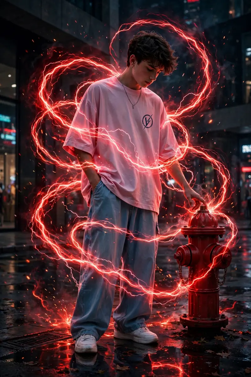 Create a cinematic dark urban portrait of a stylish teenage boy standing in front of a modern building at night, wearing an oversized pastel pink