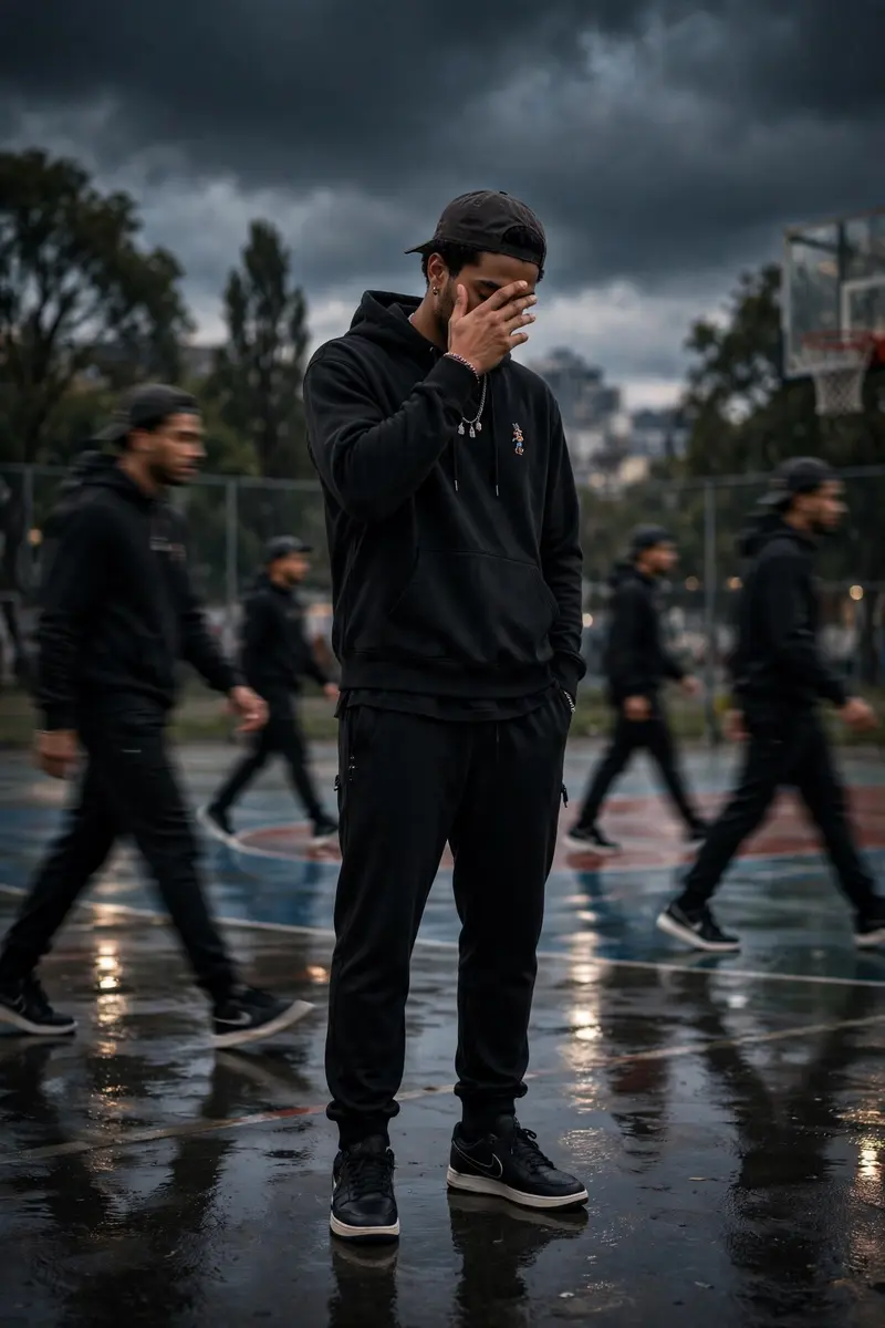 Transform the uploaded reference photo into a cinematic streetwear fashion campaign poster using the exact same person from the reference image