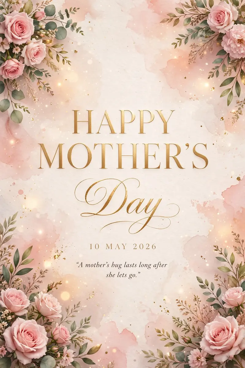 Background designed with pastel peach and blush pink watercolor textures, luxurious floral arrangements with blooming pink roses on corners, delicate