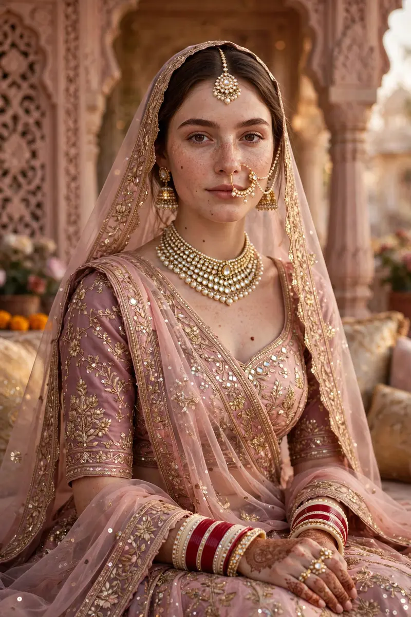 Use the uploaded photo’s face exactly as it is — strictly do not change facial features. Create an ultra-realistic royal Rajasthani bridal portrait