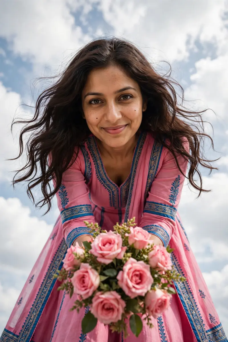Prompt Women:Without changing the facial features and hair of above image woman ,create an ultra realistic extreme low angle ground level point of
