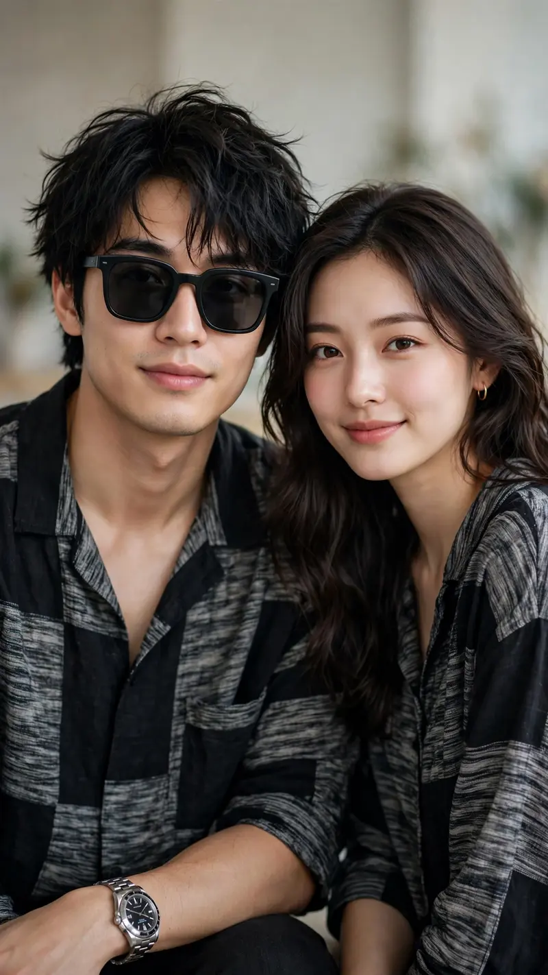 Create a stylish, modern portrait of a young couple with same refference the man has dark Messy hairs, he is wearing square sunglasses, wearing a