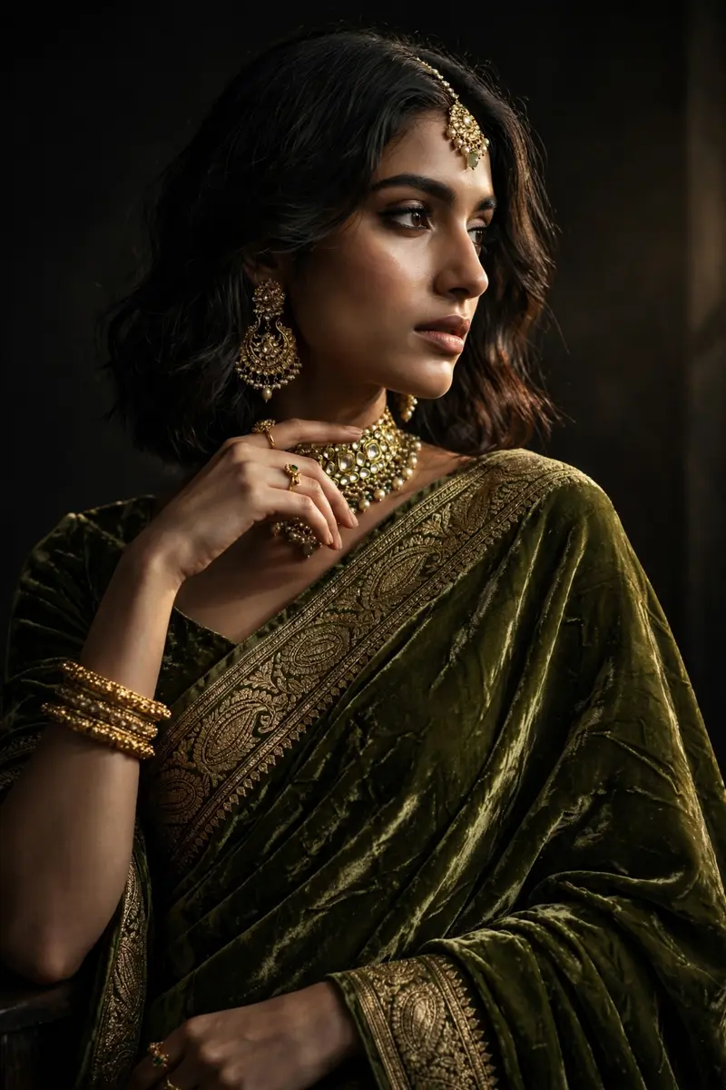 Create a high-fashion studio photograph of a woman wearing an olive green velvet saree with dramatic lighting. Focus on rich fabric texture, an