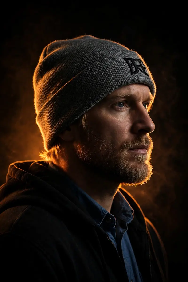 Transform this picture into a Cinematic low-key portrait with a dark, moody atmosphere. The background is almost بالكامل black with minimal visible