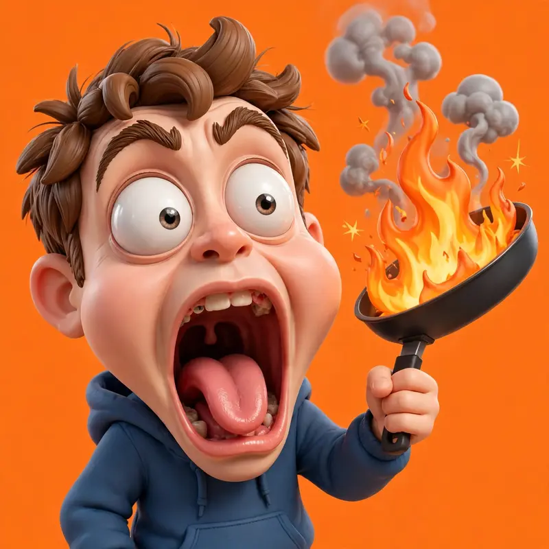 “Create a 3D digital caricature of me holding a burning frying pan, rendered in a highly stylized and exaggerated cartoon form.My facial expression