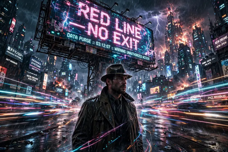 High-octane gritty neo-noir cyberpunk style artwork of a rain-soaked detective under a buzzing billboard, motion frozen amid the storm. Flickering