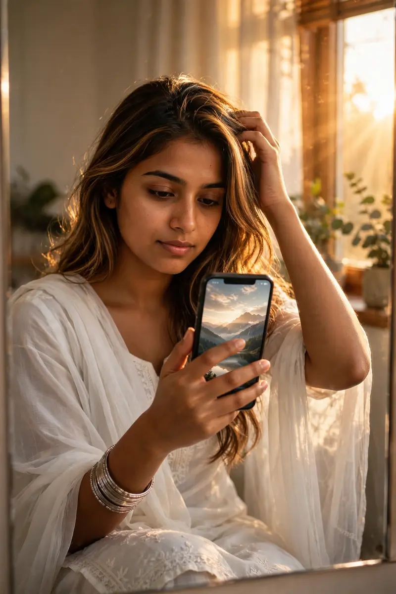 Preserve her face and facial expression 100% same. mirror selfie of a me as young Indian woman sitting indoors,wearing a lite white traditional