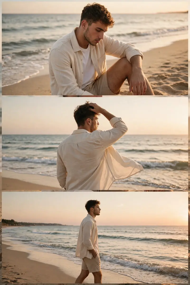A cinematic three-panel vertical collage featuring a stylish young man at a serene beach during golden hour. In the top panel, he is sitting on the