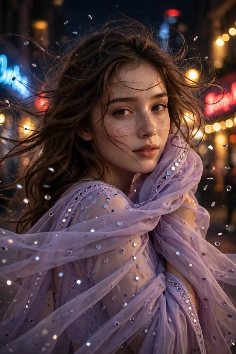 Prompt: Create a portrait cinematic picture in night background. A young woman face . keep face 100% match with uploaded photo. She wear a lavender