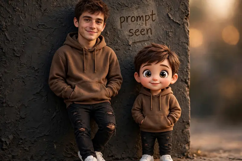 cinematic portrait: young boy as his miniature version. Side by side against textured dark wall, handwritten "prompt seen" text. Both in matching