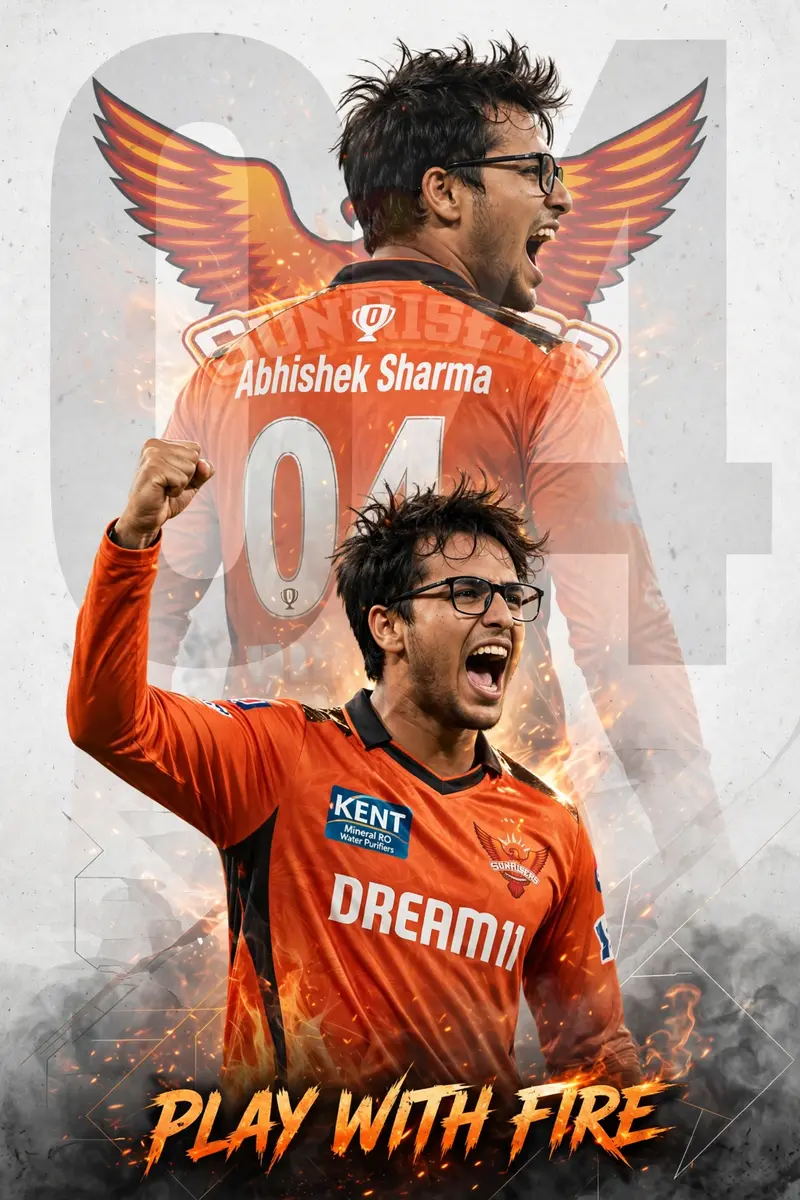 A high-quality sports poster featuring a young South Asian man with messy dark hair and glasses. He is wearing a ORANGE T shirt Sunrisers Hyderabad