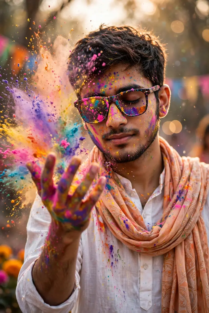 PROMPT Ultra-realistic cinematic Holi portrait of a young man same face (early 20s) wearinga white kurta and a long scart dupatta, sunglasses covered