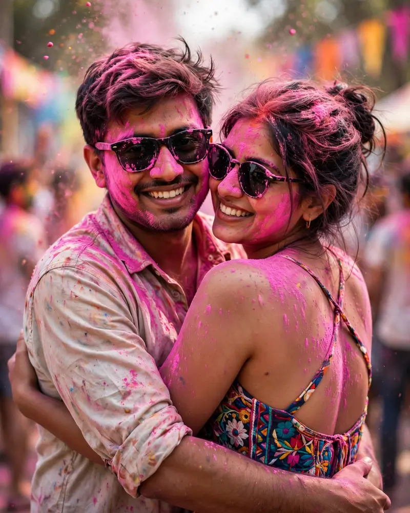 Ultra-realistic DSLR shot of a smiling Indian couple embracing at a Holi festival. Both heavily covered in pink gulal and wearing sunglasses. Man in