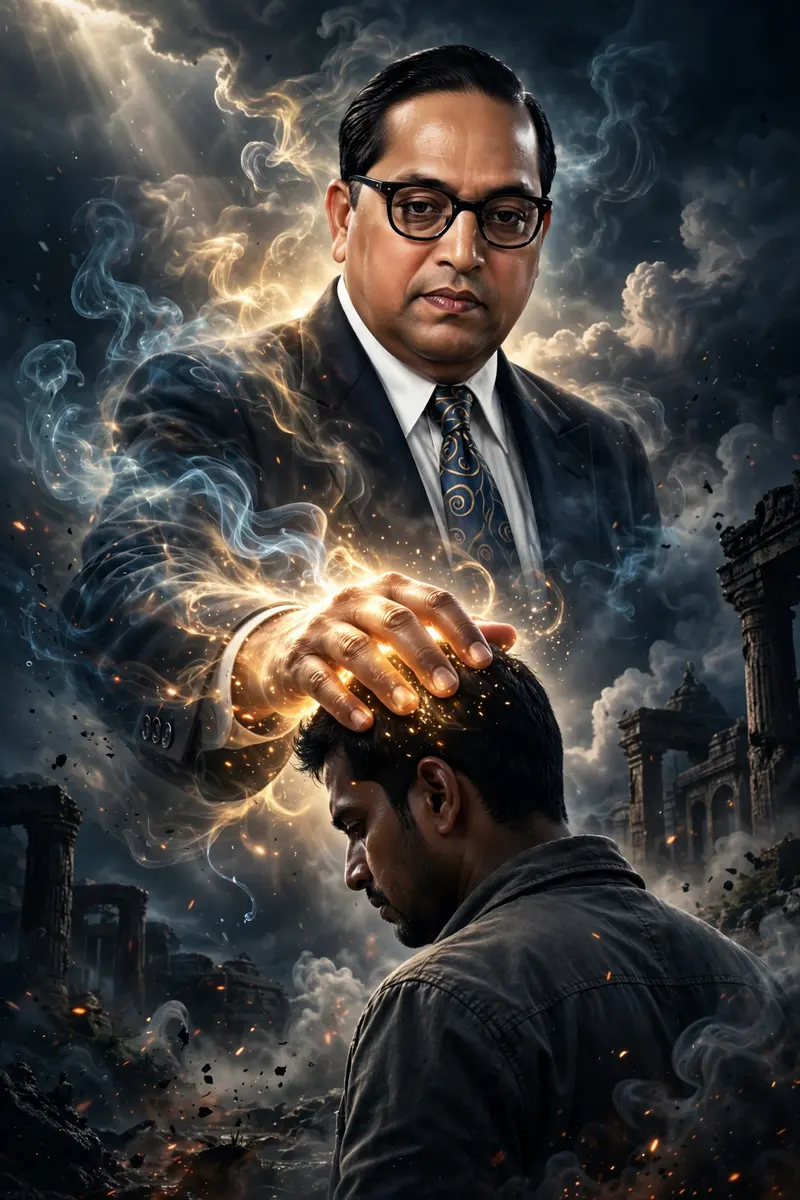 Create a highly dramatic and cinematic Person Behind him, generate a massive, divine, dr babasehb Ambedkar The divine figure should appear like a