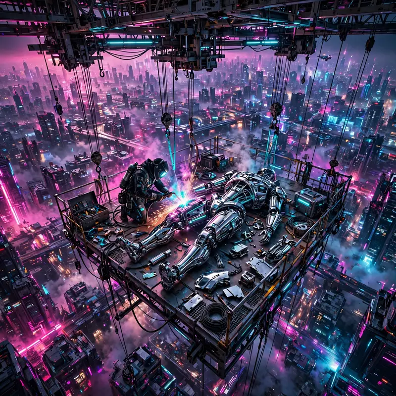 Sweeping high-contrast digital cyberpunk art vista featuring a mechanic welding a chrome exoskeleton against the endless megacity. Harsh magenta and