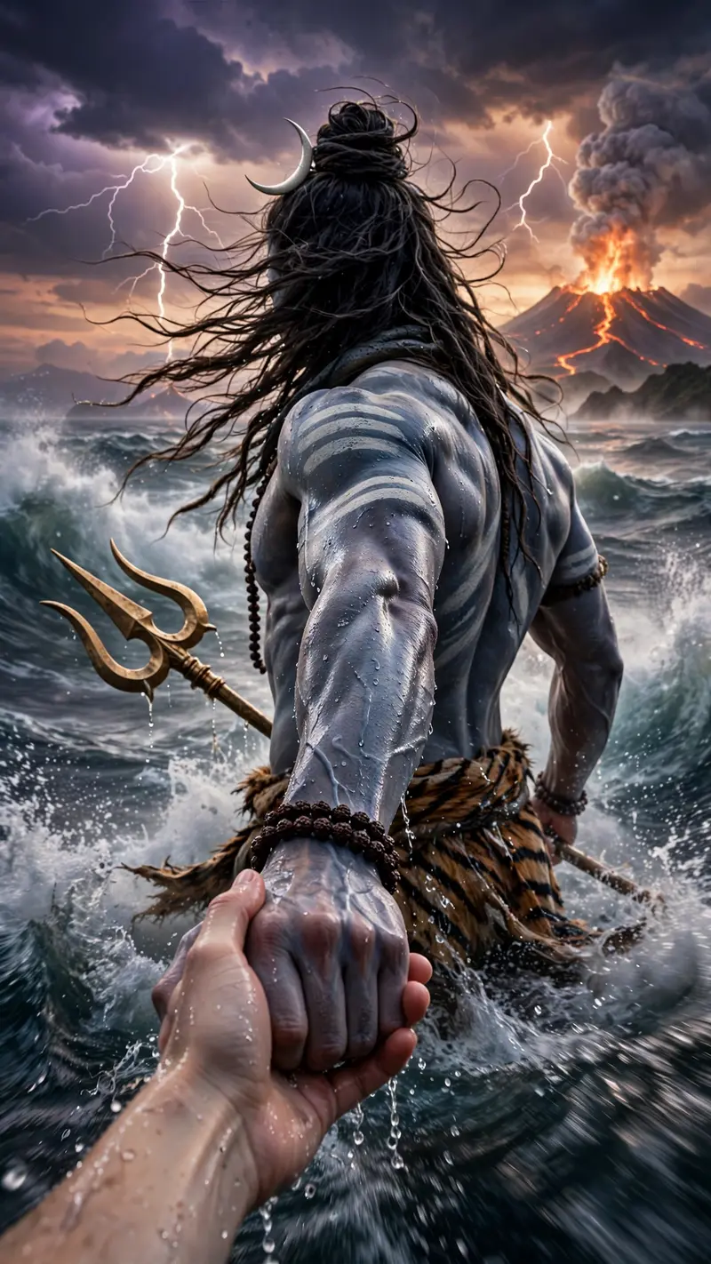 A cinematic mythological scene from a first-person POV, Lord Shiva standing in a raging ocean during a cosmic storm, Shiva holding the viewer's hand