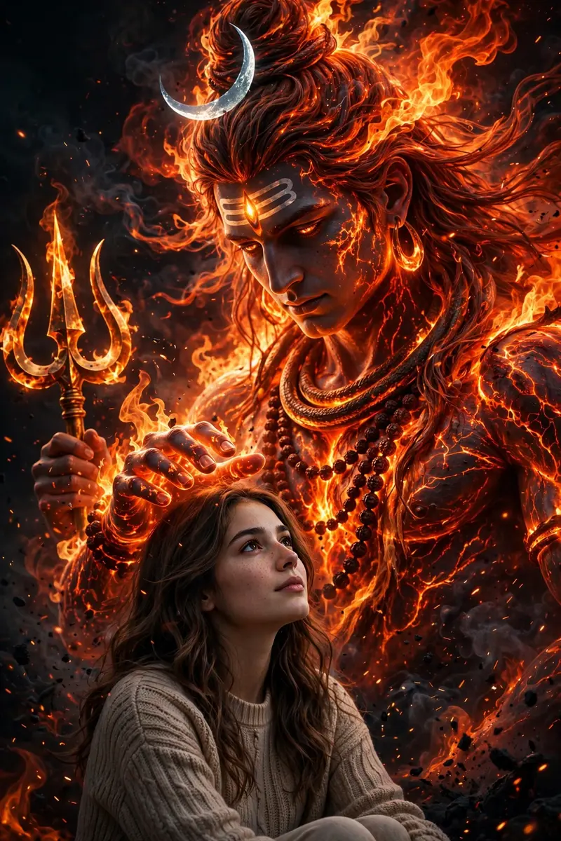 create an Ultra-cinematic surreal portrait depicting Lord Shiva in a fiery divine form standing behind a young woman (referenced photo). Shiva is